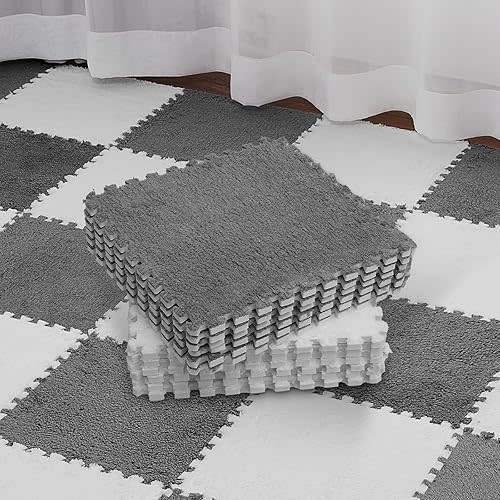 Nuanchu 32 Pcs Plush Foam Interlocking Floor Mat Climbing Area Rugs 11.8 x 11.8 Inch Square Soft Fluffy Tiles with Border Play Mat Flooring Tiles for Home Playroom Decoration (White, Gray)