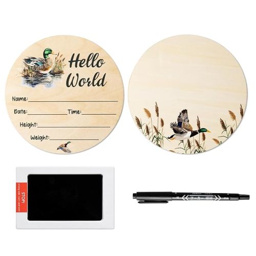 R HORSE Baby Birth Announcement Sign - Wooden Baby Birth Sign with Marker Pen for Baby Hand and Footprints, Double-sided Mallard Duck Newborn Name Announcement Sign with Ink Pad for Unisex Baby Shower