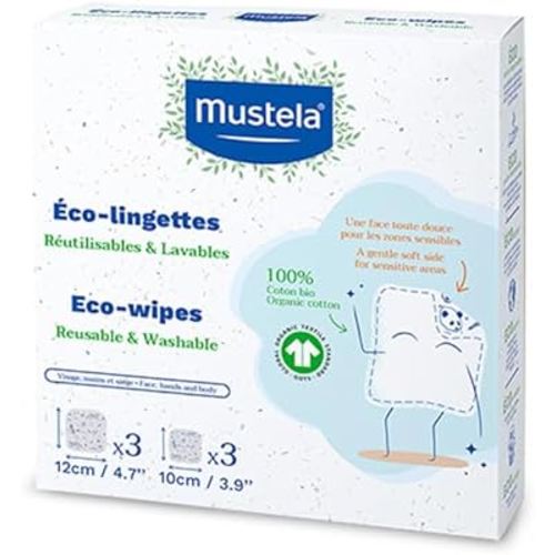 Mustela Reusable & Washable Baby Eco-Wipes - 100% Organic GOTS Certified Cotton Pads for Quick Cleanups or Makeup Removal - 6 counts (3 Large & 3 Small)