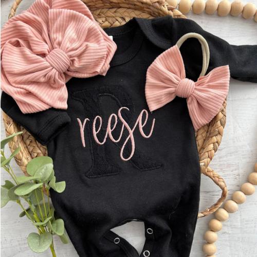 Personalized Baby Girl Outfit | Black Romper Lace Initial Pink Baby Na – Wonderfully Made