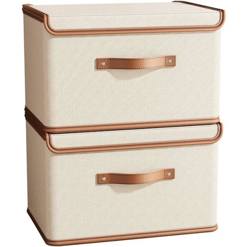 Tuza 2 Pack Storage Bins with Lids, Collapsible Closet Organizer Container, Fabric Organizer Box with Handles, Decorative Storage Boxes with Lids for Organizing Clothes, Books, File, White, Medium