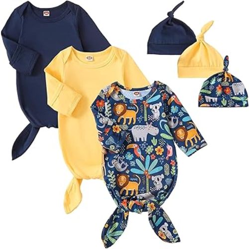 OPAWO Newborn Baby Knotted Gowns with Mitten Cuffs and Hat Baby Sleeper Gowns Coming Home Outfit for Baby Boy Girl 0-6 Months