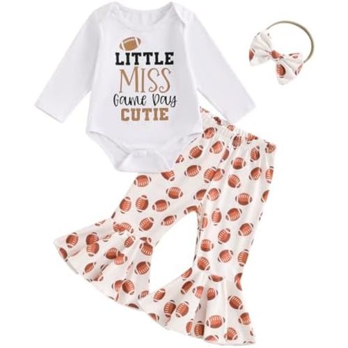 Football Baby Girl Clothes Funny Letters Print Long Sleeve Romper Football Flared Pants Headband Set Game Day Outfit