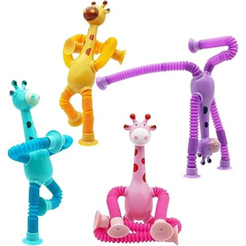 Pop Tube Giraffe, 4 Pack Telescopic Suction Cup Giraffe Toy, Stretchy Giraffe Suction Toy, Pop Tube Fidget Toys (4 Pack)