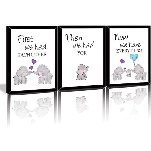 KAIRNE Watercolor Elephant Family Framed Canvas Wall Art,First We Had Each Other Quote Art Print With Black Frames,Nursery Animal Love Words Picture Ready to Hang For Kids Room Decor