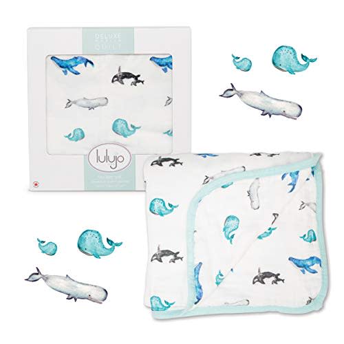 lulujo Baby 4-Layer Blanket| Unisex Softest Bamboo Viscose Muslin Quilt Blanket with Jersey Trim| Neutral Receiving Blanket for Girls & Boys 47in x 47in| Whales
