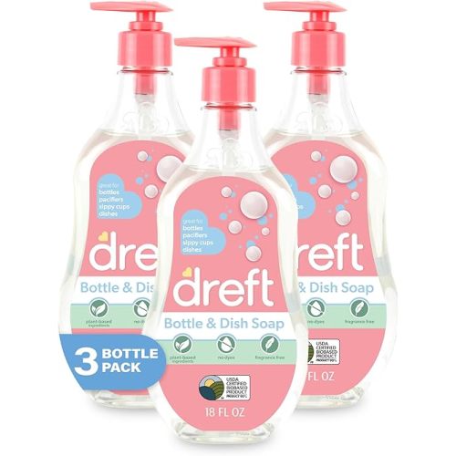 DREFT Bottle and Dish Soap | Made to Clean Baby Bottles, Sippy Cups, Pacifiers, Breast Pumps, & More | Gently Removes Milk Film & Odors | Plant Based, Fragrance Free Dish Soap | 18 Fl Oz (Pack of 3)