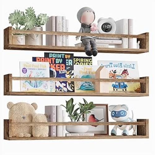 Fixwal Nursery Book Shelves, 23.6 Inch Floating Bookshelves for Wall Set of 3, Baby Nursery Decor, Solid Wood Wall Mounted Shelves for Books (Brown)