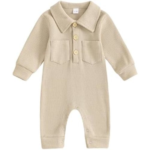 Lesimsam Newborn Baby Boy Waffle Knit Collared Romper Jumpsuit Solid Button Long Sleeve Bodysuit One-Piece Fall Winter Outfit