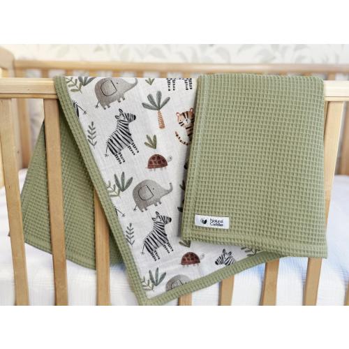 Organic Waffle and Muslin Blanket – Embroidered Name Blanket – Personalized Baby Gift – Soft & Warm Newborn Blanket – Safari Nursery
