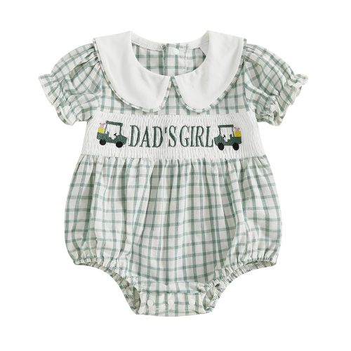 Adobabirl Baby Girl Smocked Bubble Romper Golf Cart Clothes Embroidered Short Sleeve Plaid Bodysuit Fathers Day Outfit