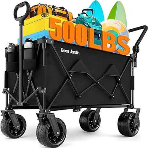 BEAU JARDIN Folding Push & Pull Beach Wagon 500 lbs Collapsible Foldable Wagons with Push Handle All Terrain Wheels Grocery Utility Camping Sports Garden Wagon Cart Black