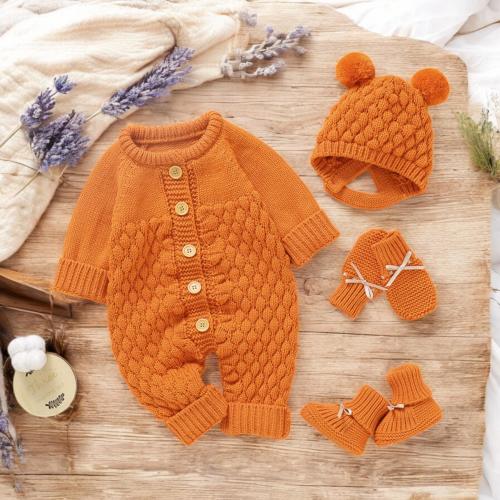 Knitted Baby Romper Set | 4-Piece Infant Outfit with Hat, Mittens & Boots | Long Sleeve Jumpsuit | Orange | 0-18M