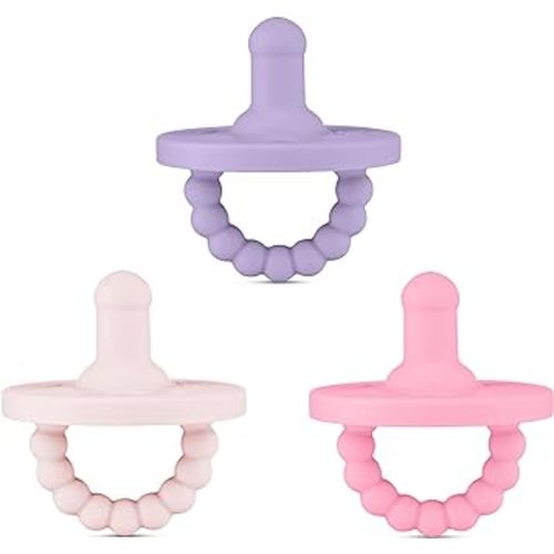 Ryan & Rose Cutie PAT All-in-One Pacifier and Teether Massaging Teething Ring and Hideaway Binky for Growing Babies (Bliss (3 Pack), Stage 1)