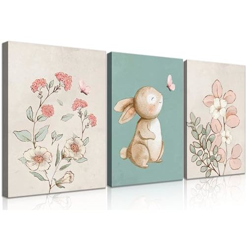 Generic Framed Nursery Bunny Wall Art Cute Bunny Botanical Flowers Wall Decor Pink Green Nursery Pictures Posters Girl Bedroom Canvas Prints gifts for Baby Boys and Girls Playroom paintings(12x16in)