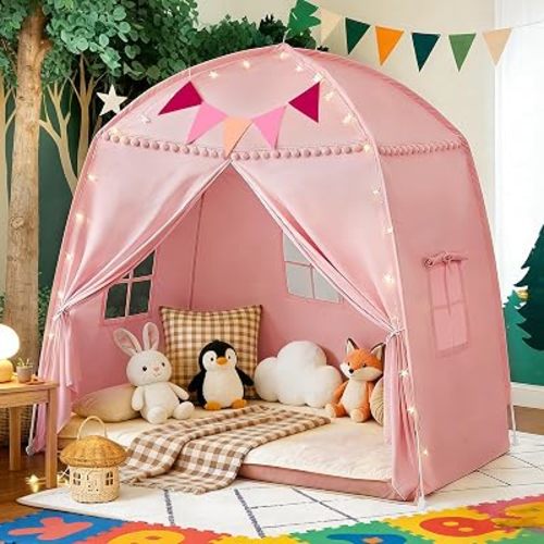 Large Teepee Tent for Kids: with Star Lights & Flags - 3-Window Cone Ball Playhouse for Indoor & Outdoor - Portable & Foldable Gift for Boys & Girls - Pink, 59.1"x39.4"x59.1"