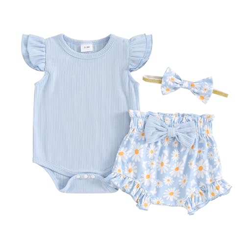 Hnyenmcko Newborn Baby Girl Clothes Daisy Print Fly Sleeve Romper Ruffle Bloomer Shorts Headband Set Infant Summer Outfits
