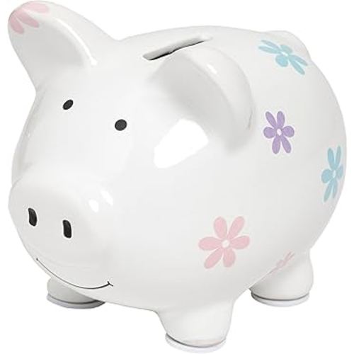 Kate & Milo Mini Floral Piggy Bank, Ceramic Money Saver for Kids, Newborn or Toddler Christmas Keepsake Gift, Cute Baby Girl Nursery Decor, Flower Design