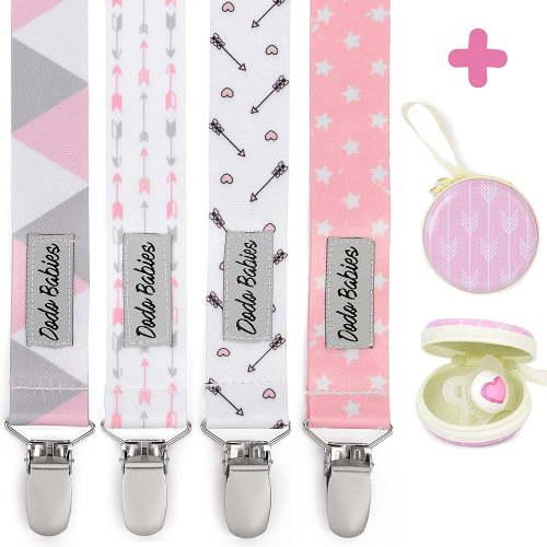 Dodo Babies Pacifier Clip Set - Four Clips Plus Binky Case - Universal Holder Fits Most Paci Brands, Teether Toys and Car Seats - Pink and Gray Prints for Girls or Boys