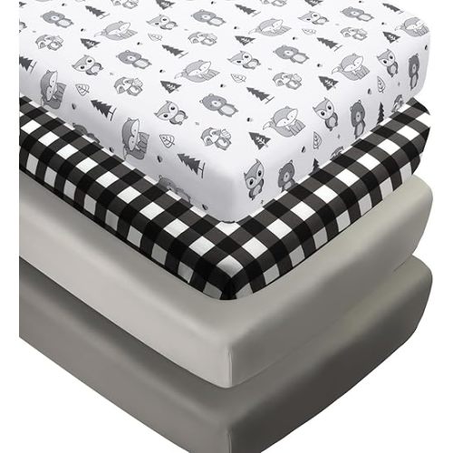 4 Pack Woodland Forest Animals Wood Neutral Unisex Fitted Baby Crib Sheets Set for Baby Boys or Girls Black and White