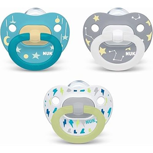 NUK Orthodontic Pacifier Value Pack, Boy&Girl,0-6 Months, 3-Pack (Star) (Glows in The Dark)