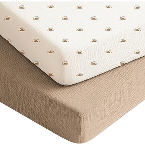 Konssy Muslin Crib Sheets for Boys, Soft Cotton Neutral Baby Sheets for Standard Crib Mattress 2 Pack, 52"x28" (Camel, Sun)