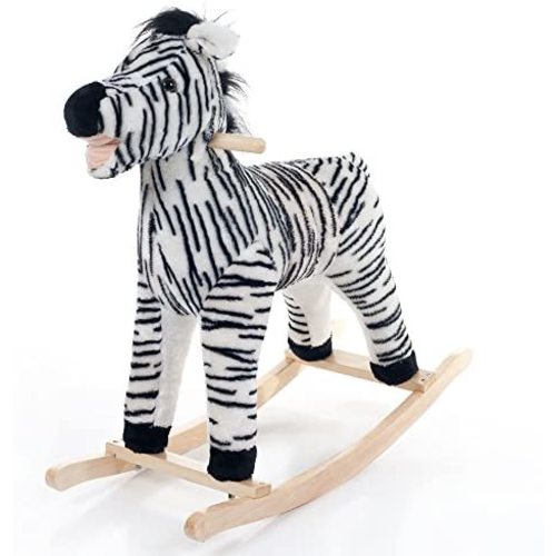 Zebra Rocking Horse – Plush Safari Animal Body and Seat with Wooden Rocker Base and Handles for Ages 3 and Up by Happy Trails, Black & White