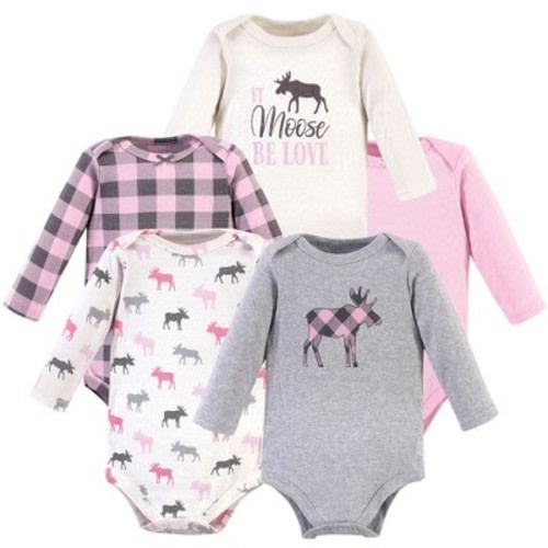 Hudson Baby Infant Girl Cotton Long-Sleeve Bodysuits 5pk, Pink Moose, 0-3 Months