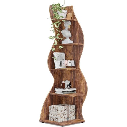 Tribesigns Corner Shelf, Rustic 5-Tier Wall Corner Bookshelf, Stylish Corner Small Bookcase Storage Rack Plant Stand with Unique Shape for Living Room, Home Office (1PC, Brown)