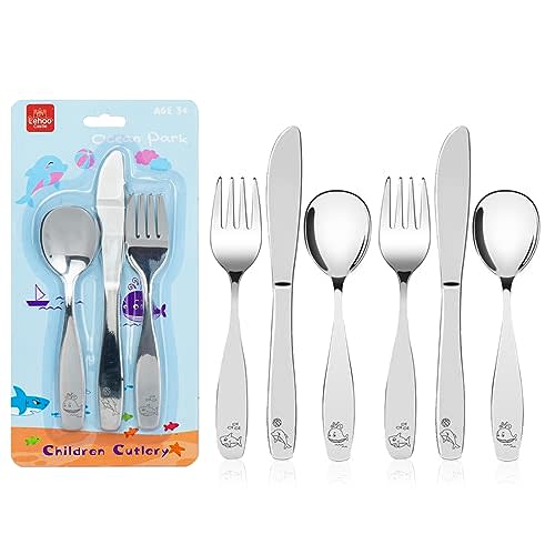 Lehoo Castle Kids Silverware - 6PCS Kids Stainless Steel Utensils: Forks, Spoons, Knives Set - Ocean Park