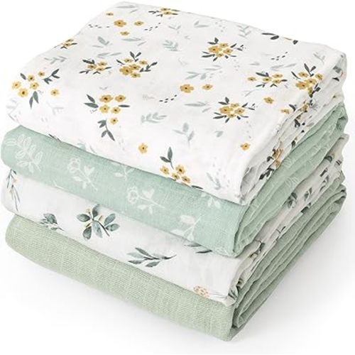 david's kids 4 Pack Baby Muslin Swaddle Blankets, 100% Cotton and Ultra Soft Breathable Receiving Blanket Wrap for Boys Girls, New Born Essentials, Large 47 x 47 inches, Leaf & Floral