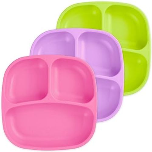 Re-Play Made in USA 7" Deep Walled Divided Plates for Kids, Set of 3 - Reusable 3 Compartment Plates, Dishwasher and Microwave Safe - 7.37" x 7.37" x 1.25", Butterfly