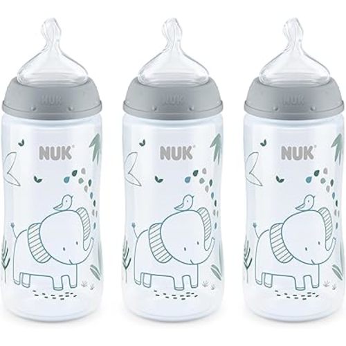 NUK Smooth Flow Anti-Colic Baby Bottle, 10 oz (300 mL), Grey Elephant, 3 Pack