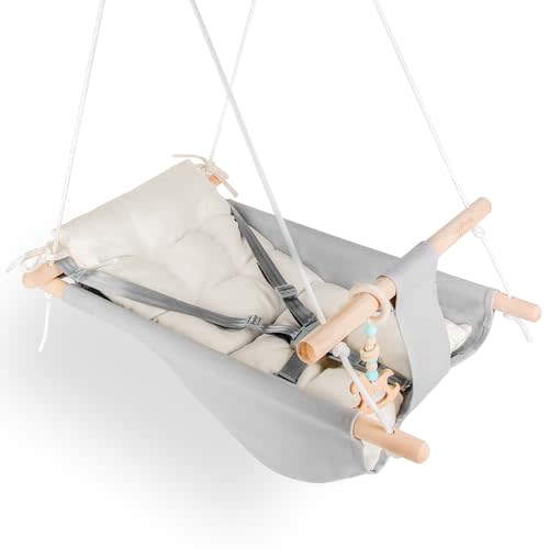 Baby Swing Indoor and Outdoor, Canvas Hammock Swing for Baby to Toddler with a Comfortable Seat, Macaroon Wooden Toy, Adjustable 5-Point Harness,3 Modes,Gift for Baby Boys Girls, Grey&White