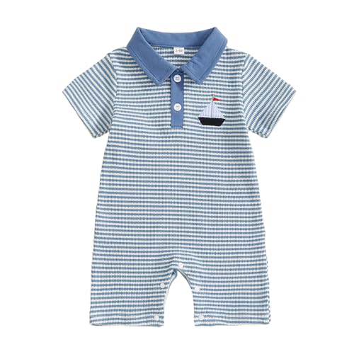 RSRZRCJ Newborn Outfits Baby Boy Clothes Summer Short Sleeve Waffle Knit Collared Sailboat Embroidery Romper Jumpsuit