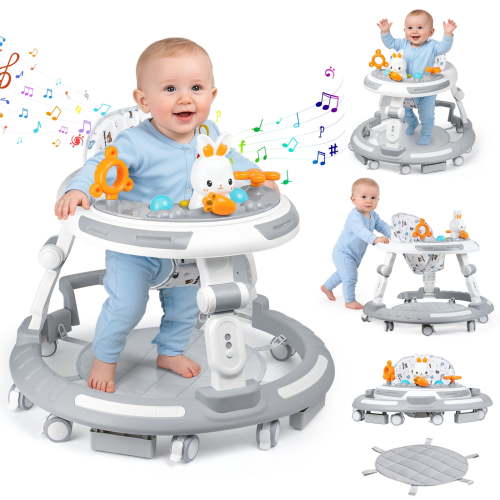 TRENTOM 4-in-1 Adjustable Baby Walker & Activity Center, Foldable with 8 Silent Wheels, Removable Toy Tray - Convertible Learning Walker, Dining Chair, Self-Walker for Toddlers 6+ Months