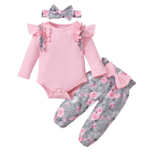 Girl Newborn Coming Home Outfit Fall 3 Piece Knit Cute Clothing Set Flutter Long Sleeve Romper Printed Pants with Headband, Pink, 3 Months