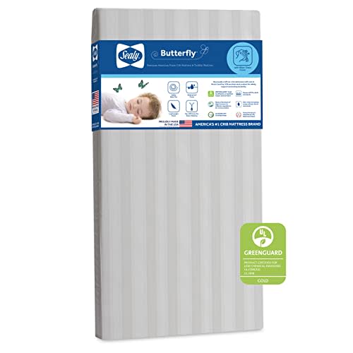 Sealy Baby Butterfly Crib Mattress plus Toddler Bed Fit, Premium American Foam, Washable Easy to Clean Zip Off Cover, GREENGUARD Gold Certified, Safety & Quality Tested, Made in USA, 52"X28" - Stripes