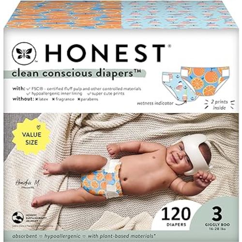 The Honest Company Clean Conscious Diapers for Sensitive Skin | Hypoallergenic, Fragrance Free | Gender Neutral Prints | Super Club Box, Size 3 (16-28 lbs), 120 Count (Prints May Temporarily Vary)