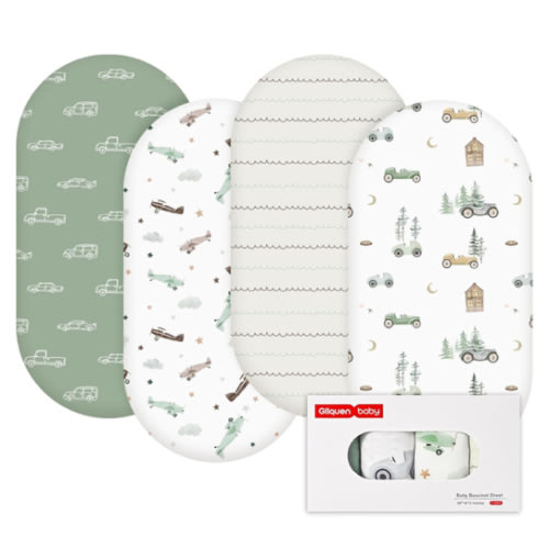 Gllquen Baby Bassinet Sheets 4 Pack, Breathable Cozy Fitted Mattress Sheet, Elastic Travel Crib Fashionable Pattern, Standard Cradle Safe Sheets for Baby Boys Girls 32"x16" (Car)