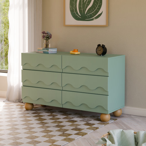 babyletto Lido Wave 6-Drawer Wide Assembled Dresser - Light Sage/Honey