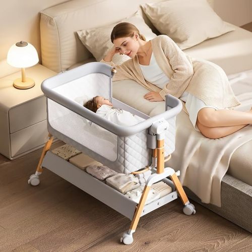 3 in 1 Baby Bassinet Bedside Sleeper,Bedside/Rocking Bassinet for Baby with Waterproof Comfy Mattress and Lockable Wheels,7 Adjustable Height, Easy Folding Portable Crib for Newborn-Khaki