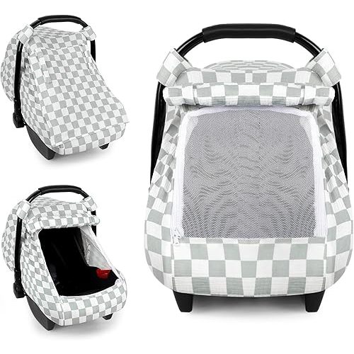 DILIMI Car Seat Covers for Babies, Muslin Cotton Baby Car Seat Cover with Breathable Mesh Window, Summer Infant Car Seat Canopy for Boys Girls Newborn, Green Checkered