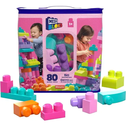 MEGA BLOKS First Builders Toddler Blocks Toys Set, Big Building Bag with 80 Pieces and Storage, Pink, Ages 1+ Years