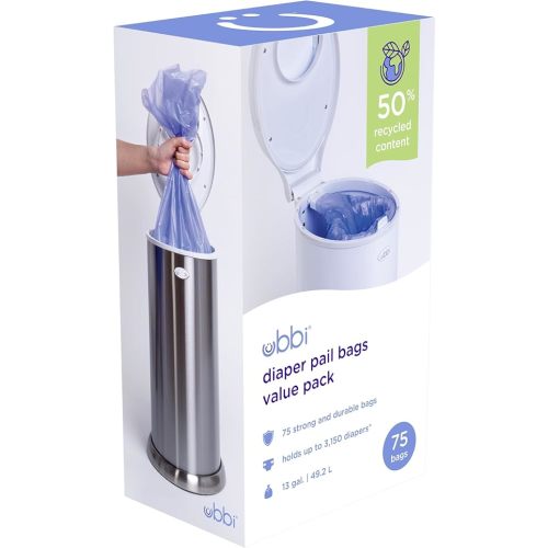Ubbi Diaper Pail Plastic Bags, Disposable Baby Waste Bags, 3 Pack, 75 Count, 13-Gallon Bags