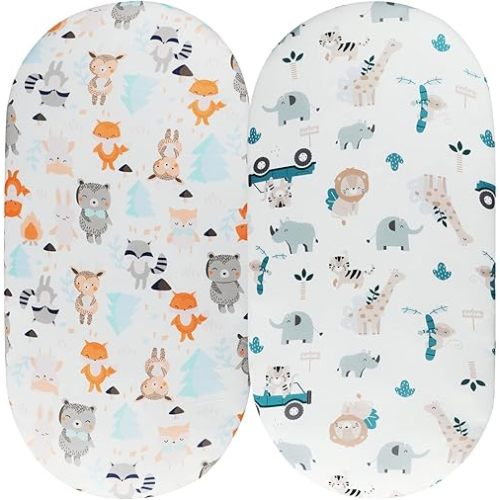 Bassinet Sheet Set 2 Pack Snug Fitted Cradle Fitted Sheets, Stretchy Ultra Soft, for Oval Rectangle Hourglass Bassinet Mattress, Unisex Boy Girl, Tiger Elephant & Fox
