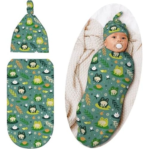 Frog Swaddle Blanket with Hat for Baby, Swaddling Sleeping Sacks Unisex Baby Stuff, Frog