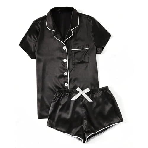 Generic Silk Pajamas for Women Set Button down Short Sleeve Top Shorts 2 Piece Pjs Set Comfy Cute Summer Sleepwear Loungewear