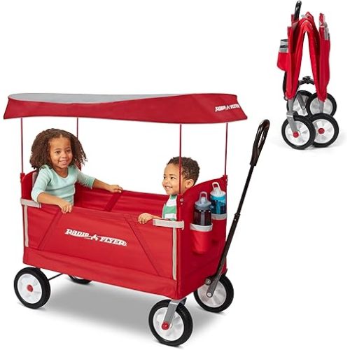 Radio Flyer 3-in-1 EZ Fold Wagon; Red Folding Wagon with Canopy & All Terrain Wheels; Collapsible Wagon for Kids, Cargo, & Garden