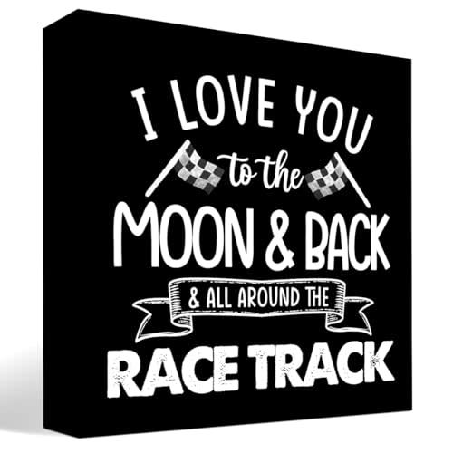 z-crange I Love You To The Moon And Back Black Wood Box Sign Desk Decor,Farmhouse Racing Checkered Flags Box Block Sign for Home Boys Room Shelf Table Decor Decorations…